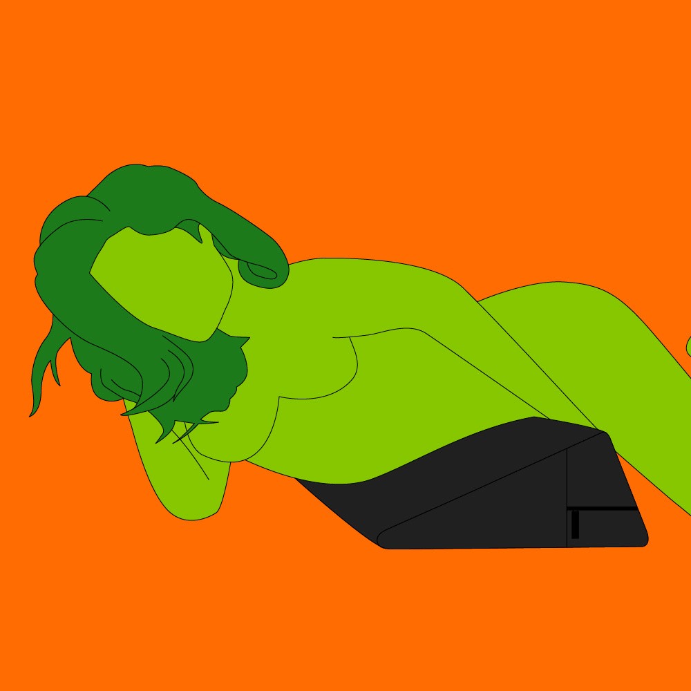 A naked illustrated woman leaning forwards onto a sex wedge.